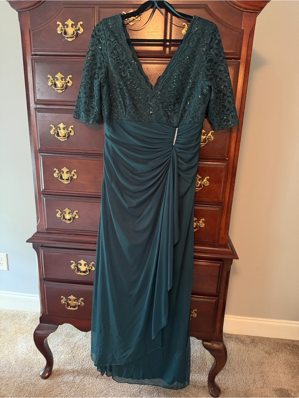 Dark Emerald Green Lace & Chiffon Maxi Dress with Draped Waist